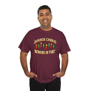 May include: A maroon short-sleeve t-shirt featuring a graphic of red and green candles with flames. The text reads "JAPANESE CANDLES" in an arched design above the candles and "BEWARE OF FIRE!" in a straight line below the graphic.