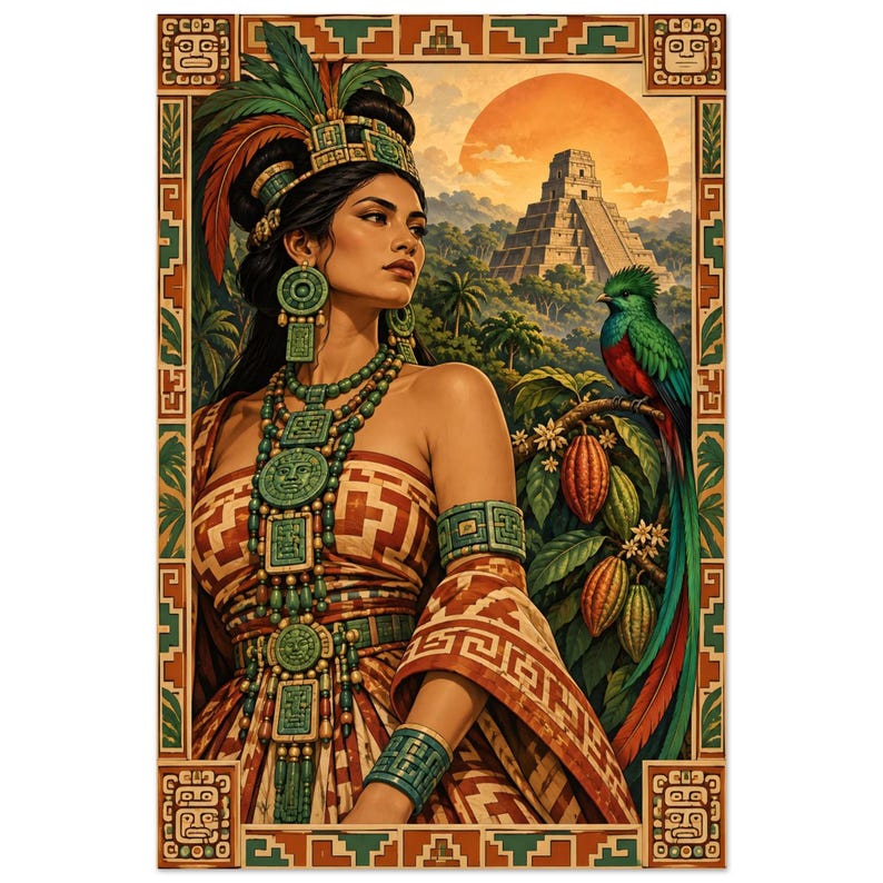 Mayan Woman Poster, Quetzal and Pyramid, Guatemala Wall Art Print image 2