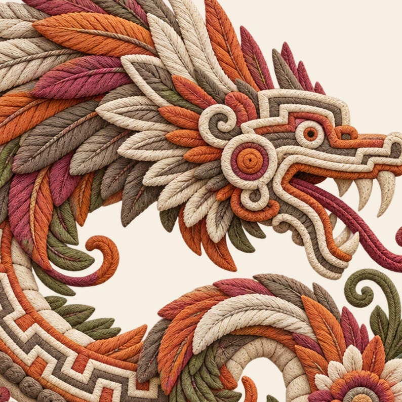 May include: A detailed embroidery art piece depicting a dragon head and coiled body. The design features layered feather-like textures in shades of orange, red, cream, and olive green, with geometric patterns along the dragon's body and sharp teeth.