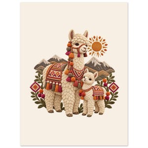 Mama Llama and Baby Poster, Peruvian Folk Art Print, Andes Nursery Wall Decor image 2