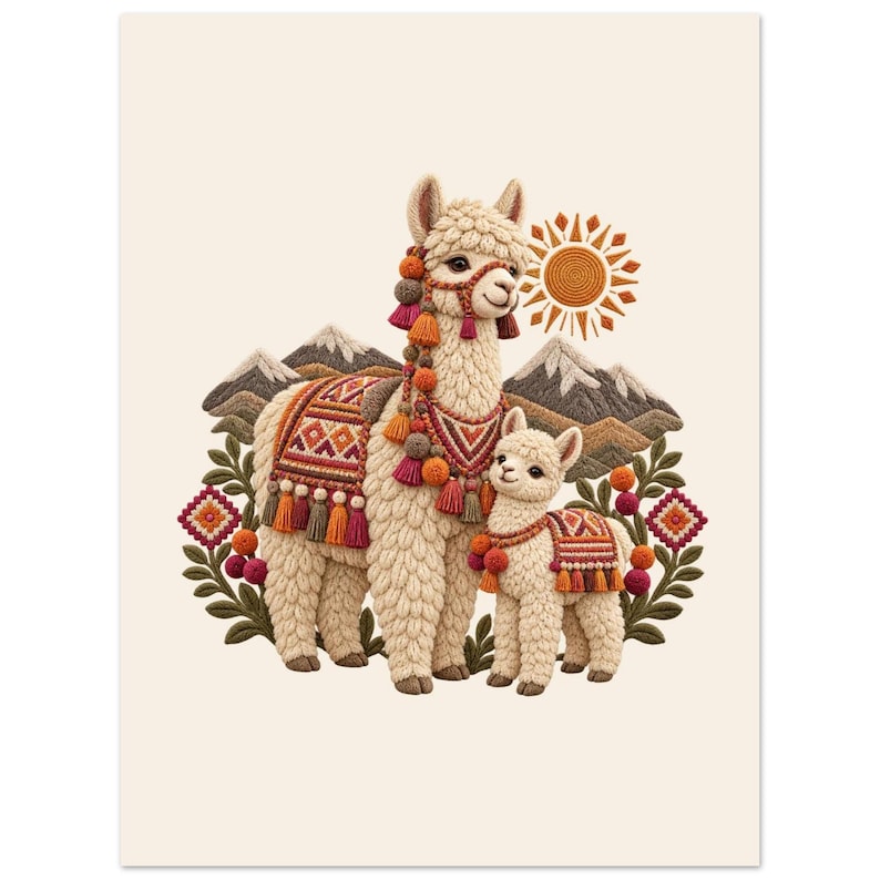 Mama Llama and Baby Poster, Peruvian Folk Art Print, Andes Nursery Wall Decor image 2