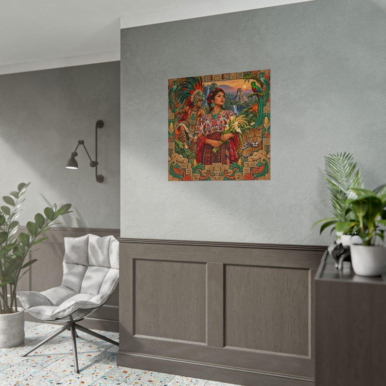Mayan Wall Art Fine Art Giclée Print, Jaguar Warrior and Quetzal, Guatemala Wall Art, Latin American Art Square Poster image 9