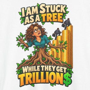 May include: A white t-shirt featuring a graphic of a person with brown hair and glasses emerging from a tree trunk. The text reads I AM STUCK AS A TREE WHILE THEY GET TRILLION$. Two figures in suits climb tall stacks of gold coins in the background.