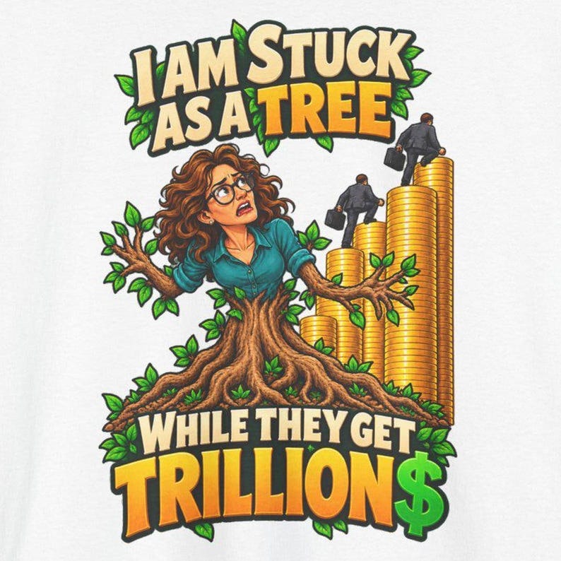 May include: A white t-shirt featuring a graphic of a person with brown hair and glasses emerging from a tree trunk. The text reads I AM STUCK AS A TREE WHILE THEY GET TRILLION$. Two figures in suits climb tall stacks of gold coins in the background.