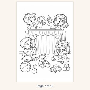 May include: A black and white coloring page illustration featuring two children performing a puppet show with lion and rabbit hand puppets behind a curtained stage, while two other children sit on the floor with a ball, teddy bear, and car.