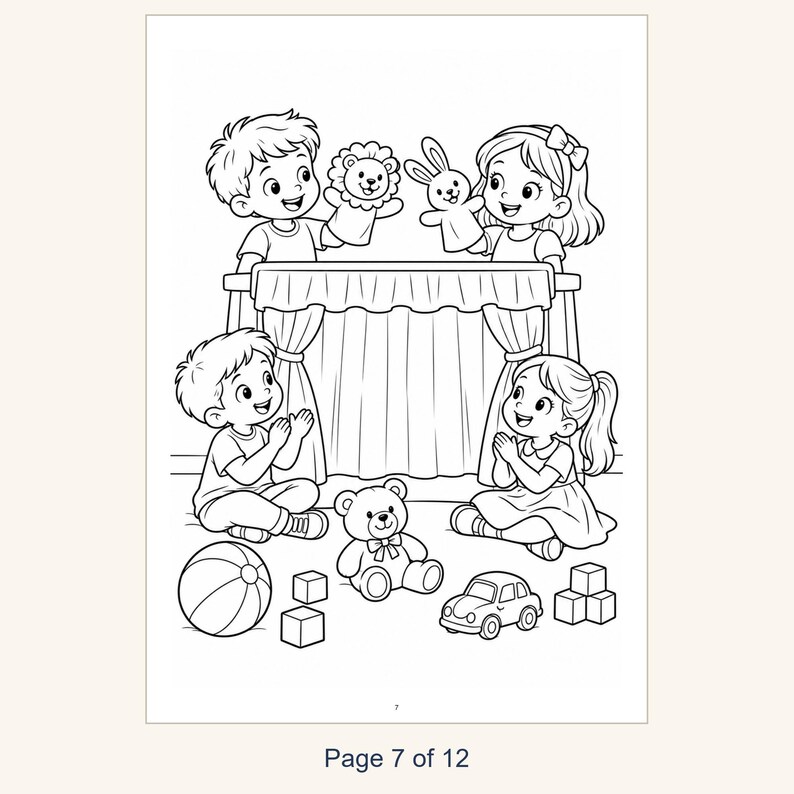 May include: A black and white coloring page illustration featuring two children performing a puppet show with lion and rabbit hand puppets behind a curtained stage, while two other children sit on the floor with a ball, teddy bear, and car.
