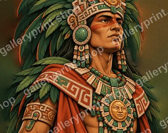 Printable Aztec Warrior Art, Green Feather Headdress Digital Download, Aztec Wall Art, Mexican Heritage Print, Chicano Wall Decor for Him