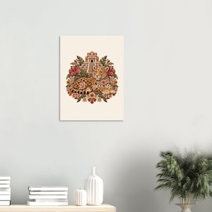 Jaguar and Mayan Pyramid Poster, Mexican Folk Art Print, Jungle Wall Decor image 2