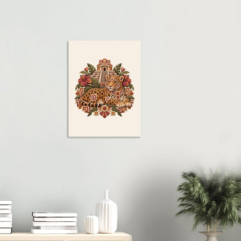 Jaguar and Mayan Pyramid Poster, Mexican Folk Art Print, Jungle Wall Decor image 2