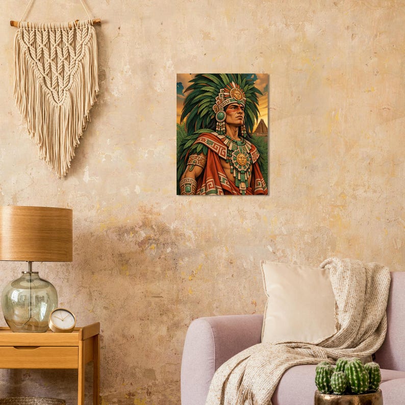Aztec warrior with green feather headdress, matte poster.