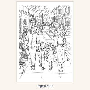 Puede incluir: Una p&aacute;gina para colorear en blanco y negro que muestra a una familia de cuatro personas caminando por una acera frente a una florister&iacute;a. La escena incluye a dos padres y dos ni&ntilde;os tomados de la mano, con farolas, coches y peatones al fondo. La p&aacute;gina est&aacute; marcada con el n&uacute;mero 6 en la parte inferior.