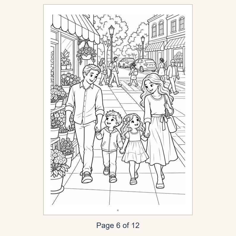 Puede incluir: Una p&aacute;gina para colorear en blanco y negro que muestra a una familia de cuatro personas caminando por una acera frente a una florister&iacute;a. La escena incluye a dos padres y dos ni&ntilde;os tomados de la mano, con farolas, coches y peatones al fondo. La p&aacute;gina est&aacute; marcada con el n&uacute;mero 6 en la parte inferior.