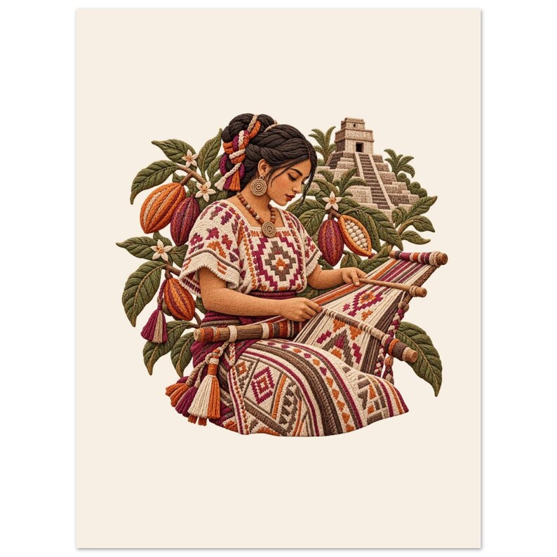 Mayan woman weaving on a backstrap loom by a pyramid, folk art poster. An illustration of a person weaving on a backstrap loom, wearing a patterned blouse and skirt.