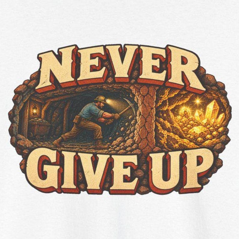 Puede incluir: Un estampado gr&aacute;fico con el texto NEVER GIVE UP en letras beige gruesas. El dise&ntilde;o muestra a un minero con linterna frontal usando un pico en un t&uacute;nel oscuro, con cristales amarillos brillantes y una vagoneta de mina al fondo.