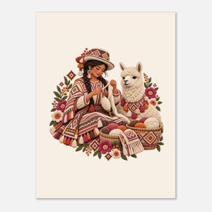 Andean spinner with alpaca and yarn baskets, folk art poster. An illustration of a person wearing a patterned hat and poncho, spinning white yarn with a spindle. A white llama sits beside them, wearing a decorative collar.