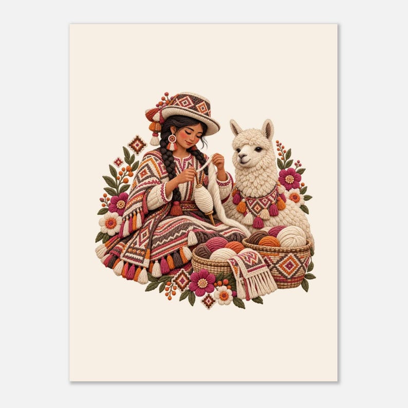 Andean spinner with alpaca and yarn baskets, folk art poster. An illustration of a person wearing a patterned hat and poncho, spinning white yarn with a spindle. A white llama sits beside them, wearing a decorative collar.