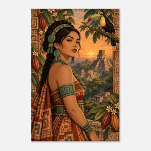 Mayan woman with a toucan and jungle pyramid at sunset, matte poster. A portrait of a person with dark braided hair wearing a green headband, arm cuffs, and a patterned brown garment.