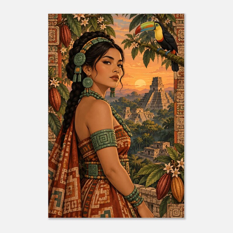 Mayan woman with a toucan and jungle pyramid at sunset, matte poster. A portrait of a person with dark braided hair wearing a green headband, arm cuffs, and a patterned brown garment.