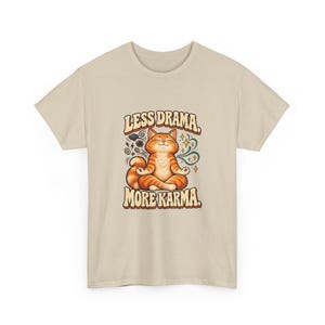 Less Drama More Karma Cat T-Shirt, Orange Cat Meditation Graphic Tee, Funny Yoga Cat Shirt, Cat Mom Gift, Zen Vibes Tee image 3
