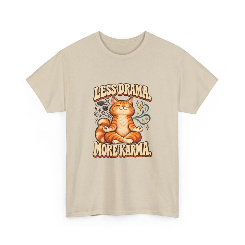 Less Drama More Karma Cat T-Shirt, Orange Cat Meditation Graphic Tee, Funny Yoga Cat Shirt, Cat Mom Gift, Zen Vibes Tee image 3