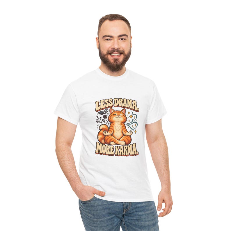 Less Drama More Karma Cat T-Shirt, Orange Cat Meditation Graphic Tee, Funny Yoga Cat Shirt, Cat Mom Gift, Zen Vibes Tee image 4