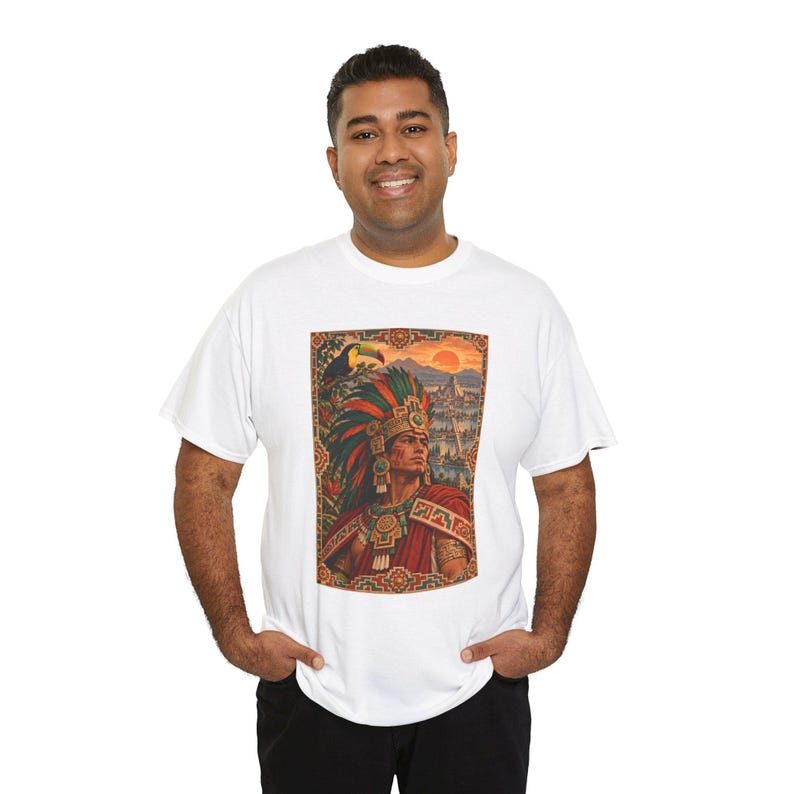 Aztec Warrior T-Shirt with Toucan and Tenochtitlan City, Mexican Heritage Graphic Tee, Chicano Art Shirt, Aztec History Gift for Dad image 11