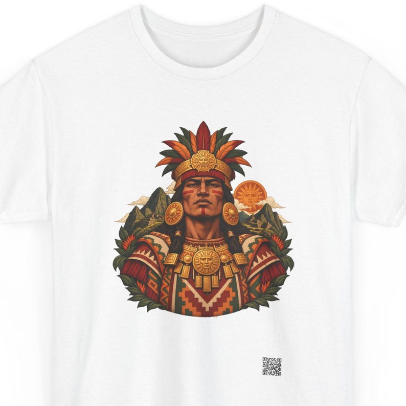Inca king t-shirt, Sapa Inca in a gold sun crown with Machu Picchu and the Inti sun, front print of the t-shirt. A white t-shirt featuring a graphic illustration of a person wearing a feathered headdress and gold jewellery.