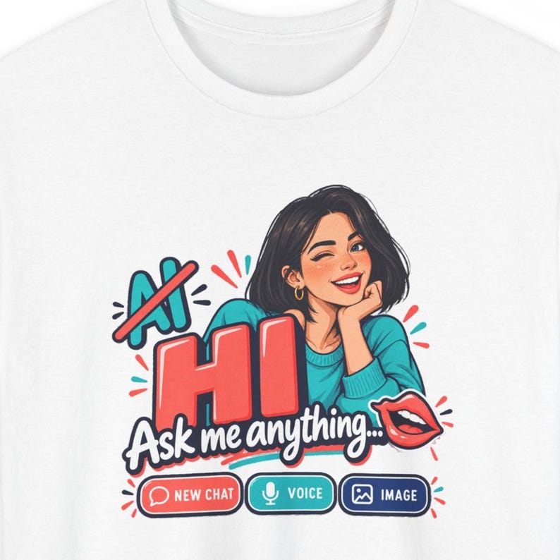 May include: A white t-shirt featuring a graphic of a winking person with dark hair in a teal sweater. The text reads AI HI Ask me anything, with icons for New Chat, Voice, and Image. The design includes red and teal accents and a pair of lips.