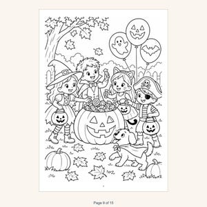 May include: A black and white coloring page illustration featuring four children in Halloween costumes, including a witch, vampire, cat, and pirate, gathered around a large jack-o'-lantern filled with candy, with a puppy and balloons.