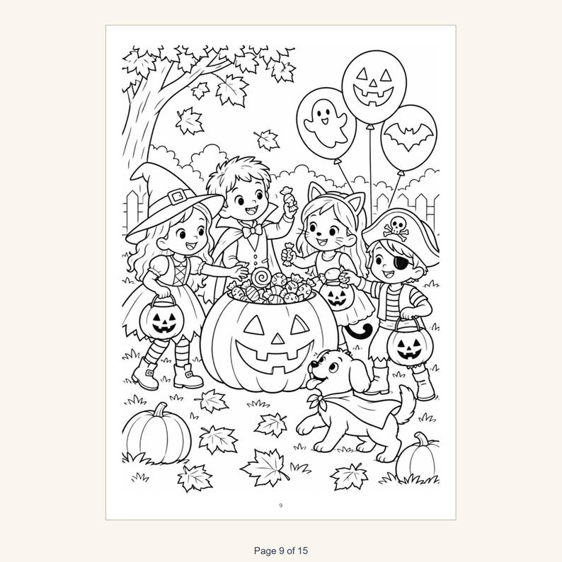 May include: A black and white coloring page illustration featuring four children in Halloween costumes, including a witch, vampire, cat, and pirate, gathered around a large jack-o'-lantern filled with candy, with a puppy and balloons.