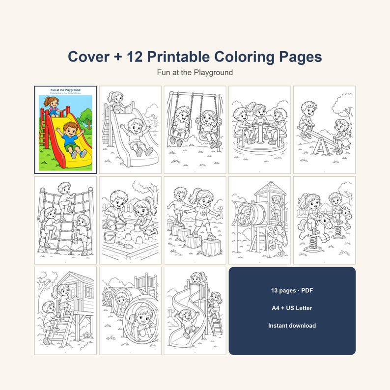 Playground Coloring Book Printable for Kids, Slide Swings Seesaw Coloring Pages, Outdoor Play Activity, 13 Page PDF, Instant Download image 2