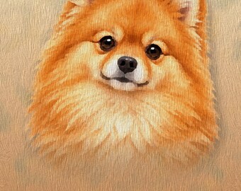 Può includere: Un ritratto in stile pittura a olio di un soffice cane Pomerania arancione con occhi marrone scuro e naso nero. Il cane è centrato su uno sfondo beige strutturato. Nell'angolo in basso a destra, il testo LOVEU è stampato con un piccolo cuore rosso.
