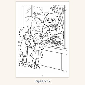 May include: A black and white coloring page illustration featuring two children standing before a glass enclosure, observing a panda eating bamboo stalks. The bottom of the page displays the text Page 9 of 12 in clear black font.