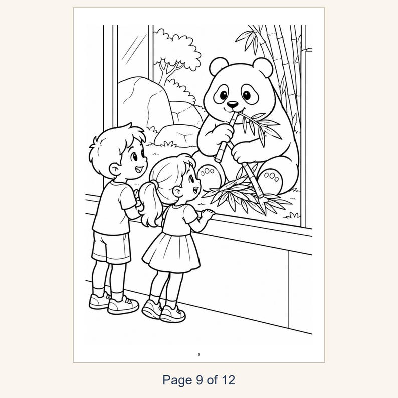 May include: A black and white coloring page illustration featuring two children standing before a glass enclosure, observing a panda eating bamboo stalks. The bottom of the page displays the text Page 9 of 12 in clear black font.