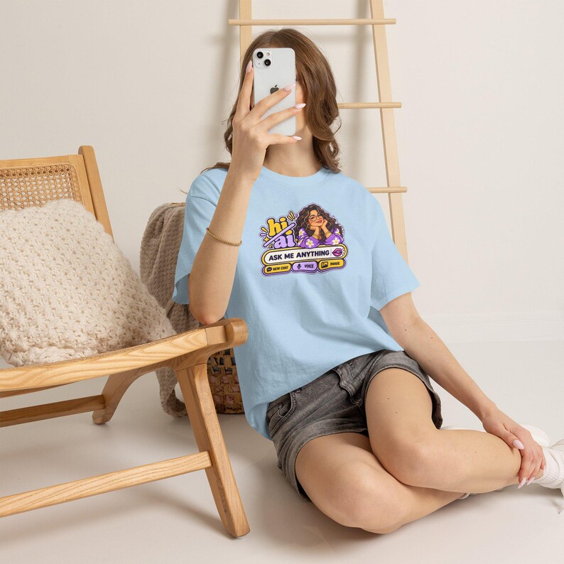 Funny AI Robot Chat T-Shirt, Curly Hair Woman, Purple Chat Box (100% Cotton) image 8