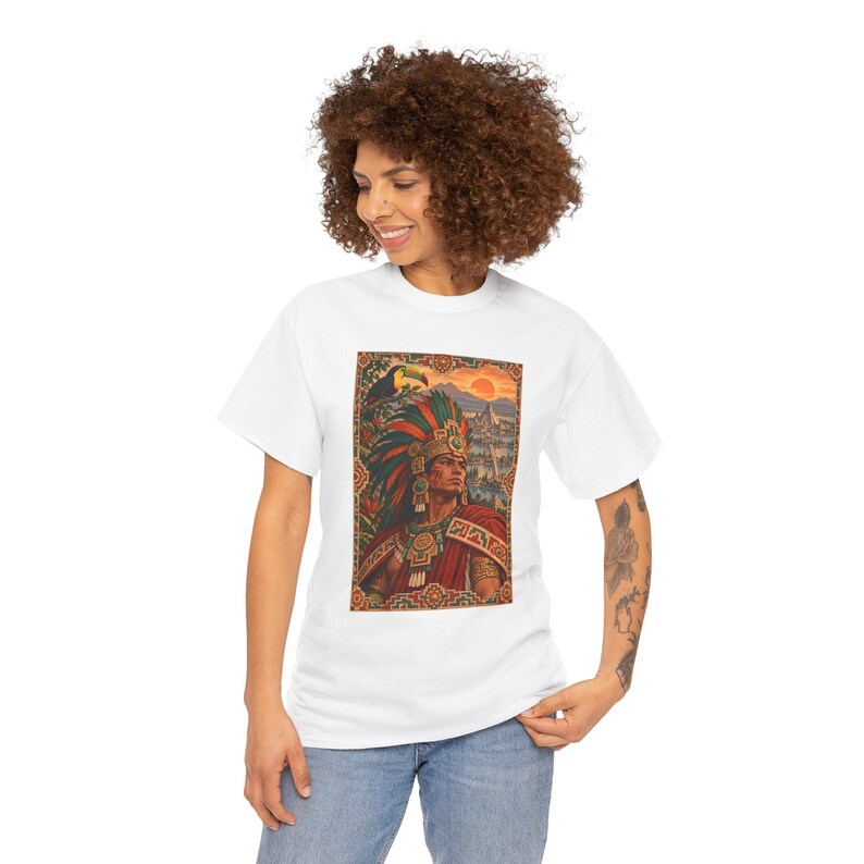 Aztec Warrior T-Shirt with Toucan and Tenochtitlan City, Mexican Heritage Graphic Tee, Chicano Art Shirt, Aztec History Gift for Dad image 6