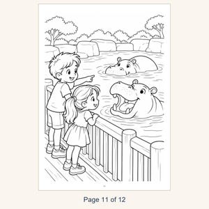May include: A black and white coloring page illustration featuring a young boy and girl standing at a wooden fence, looking at two hippos in a pool of water. The boy points toward the hippos, while one hippo has its mouth open.