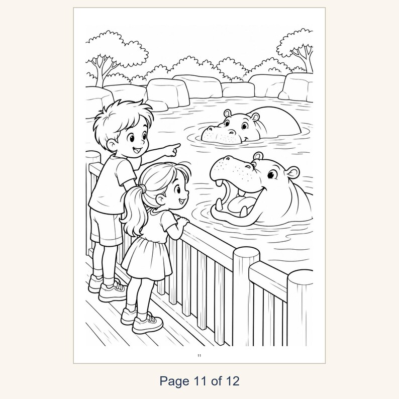 May include: A black and white coloring page illustration featuring a young boy and girl standing at a wooden fence, looking at two hippos in a pool of water. The boy points toward the hippos, while one hippo has its mouth open.