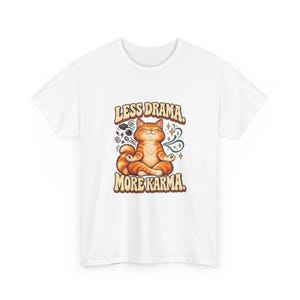 Less Drama More Karma Cat T-Shirt, Orange Cat Meditation Graphic Tee, Funny Yoga Cat Shirt, Cat Mom Gift, Zen Vibes Tee image 2