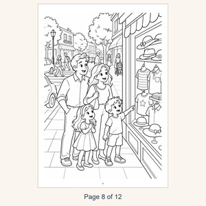 Puede incluir: Una p&aacute;gina para colorear en blanco y negro que muestra a una familia de cuatro personas de pie en una acera mirando el escaparate de una tienda de ropa. El escaparate muestra varias camisas, sombreros y accesorios. El n&uacute;mero 8 est&aacute; impreso abajo.