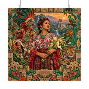 Mayan Wall Art Fine Art Giclée Print, Jaguar Warrior and Quetzal, Guatemala Wall Art, Latin American Art Square Poster image 2