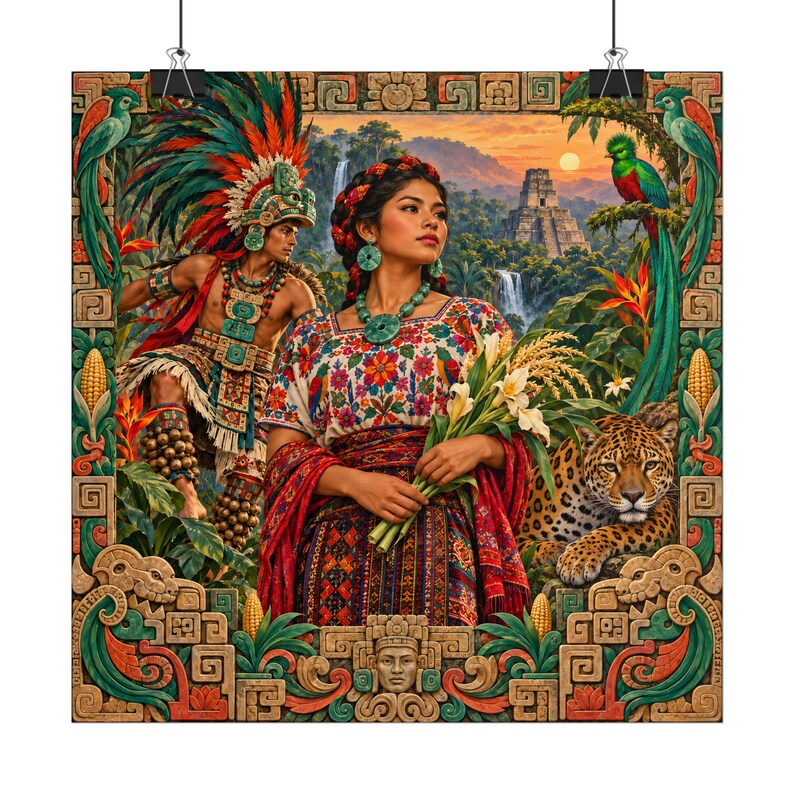 Mayan Wall Art Fine Art Giclée Print, Jaguar Warrior and Quetzal, Guatemala Wall Art, Latin American Art Square Poster image 2
