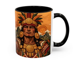 Inca Coffee Mug with Inca Ruler, Gold Sun and Andes Mountains, Peruvian Mug, Peru Gift with Black Red or Navy Inside, Andean Art for Him