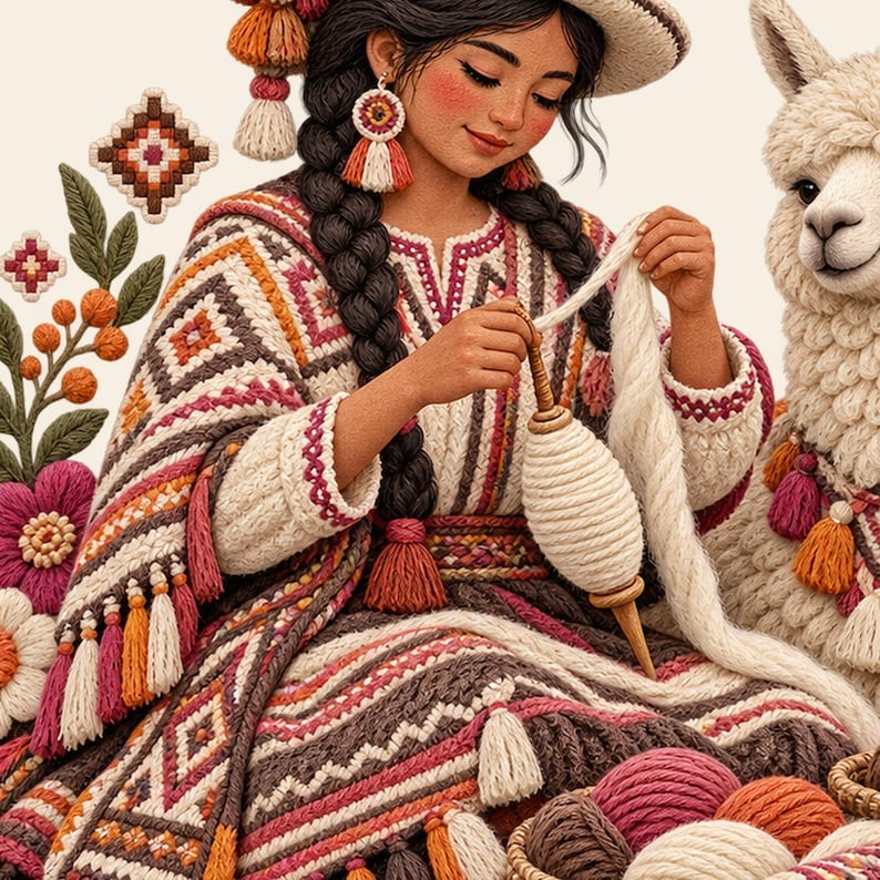 Andean spinner and alpaca poster, Andean spinner with alpaca and yarn baskets, folk art poster. An illustration of a person with dark braided hair wearing a cream-coloured poncho and skirt with geometric patterns, tassels, and embroidery.