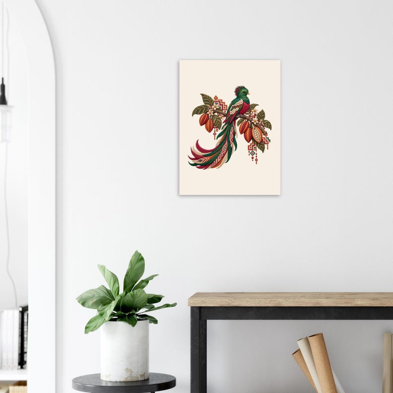 Resplendent Quetzal Poster, Guatemala Folk Art Print, Bird and Cacao Wall Decor image 6