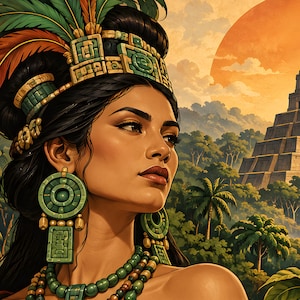 May include: A person wearing an ornate green and gold headdress with tall feathers, large circular green earrings with rectangular pendants, and a multi-strand green beaded necklace, set against a backdrop of a stone pyramid and jungle.