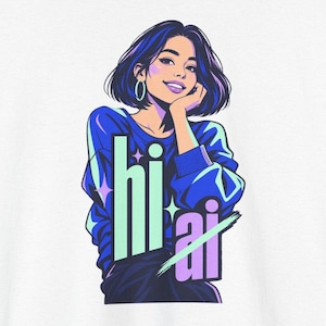 Camiseta de mujer con estampado pop art neón, camiseta "Hi Not AI", regalo retro de los 90 para ella. imagen 1