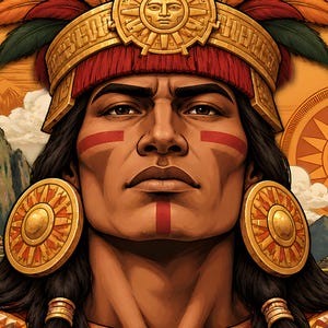 Puede incluir: Un retrato de una persona con cabello oscuro que lleva un tocado dorado con un emblema solar central, grandes pendientes circulares dorados y marcas de pintura roja en las mejillas y la barbilla.