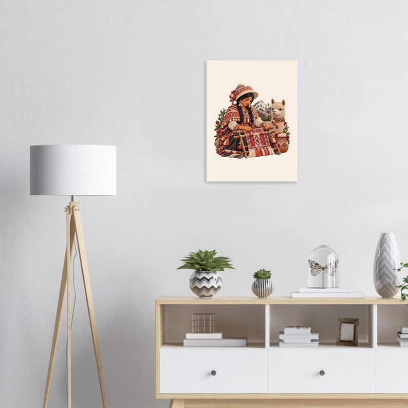 Estampe d'art populaire péruvien, affiche représentant une tisserande andine et un lama, femme au métier à tisser image 7