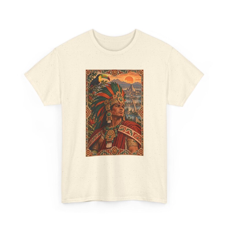 Aztec Warrior T-Shirt with Toucan and Tenochtitlan City, Mexican Heritage Graphic Tee, Chicano Art Shirt, Aztec History Gift for Dad image 3